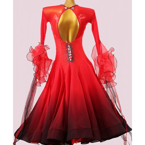 Custom size red with black gradient colored competition ballroom dance dress  with diamond for women girls foxtrot smooth dance long dress for female